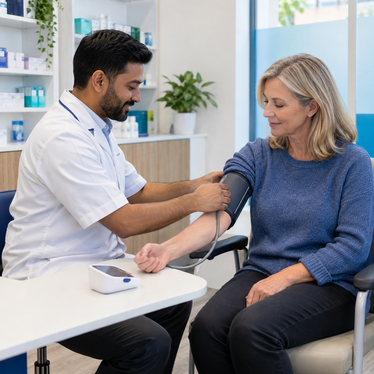 Pharmacist carrying out an NHS blood pressure check